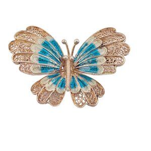 Chinese Export 1970s Blue Enamel Butterfly Pin Brooch Filigree 900 Silver